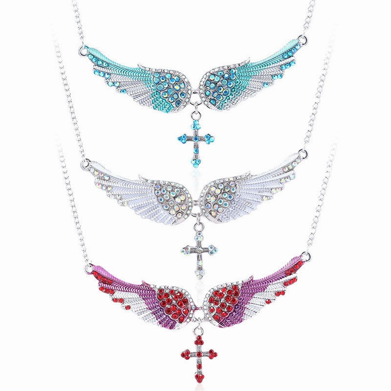 Wholesale Angel Wings Cross Diamond Alloy Necklaces