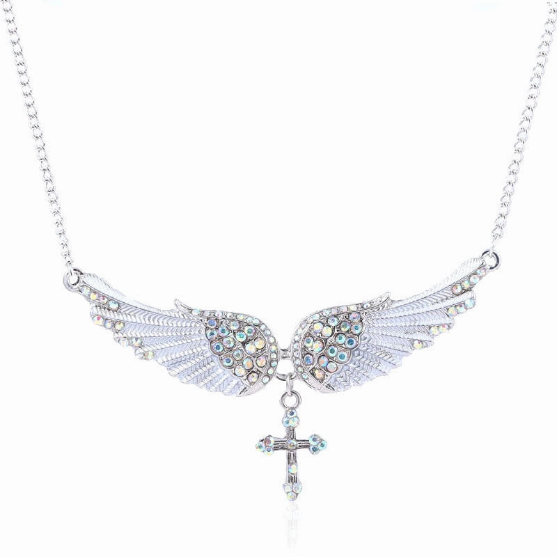 Wholesale Angel Wings Cross Diamond Alloy Necklaces