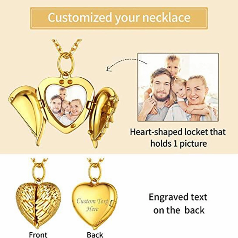 Wholesale Angel Wings Heart Shape Multilayer Design Magnetic Suction Flip Cover Built-in Photo Necklaces