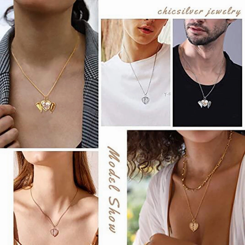 Wholesale Angel Wings Heart Shape Multilayer Design Magnetic Suction Flip Cover Built-in Photo Necklaces