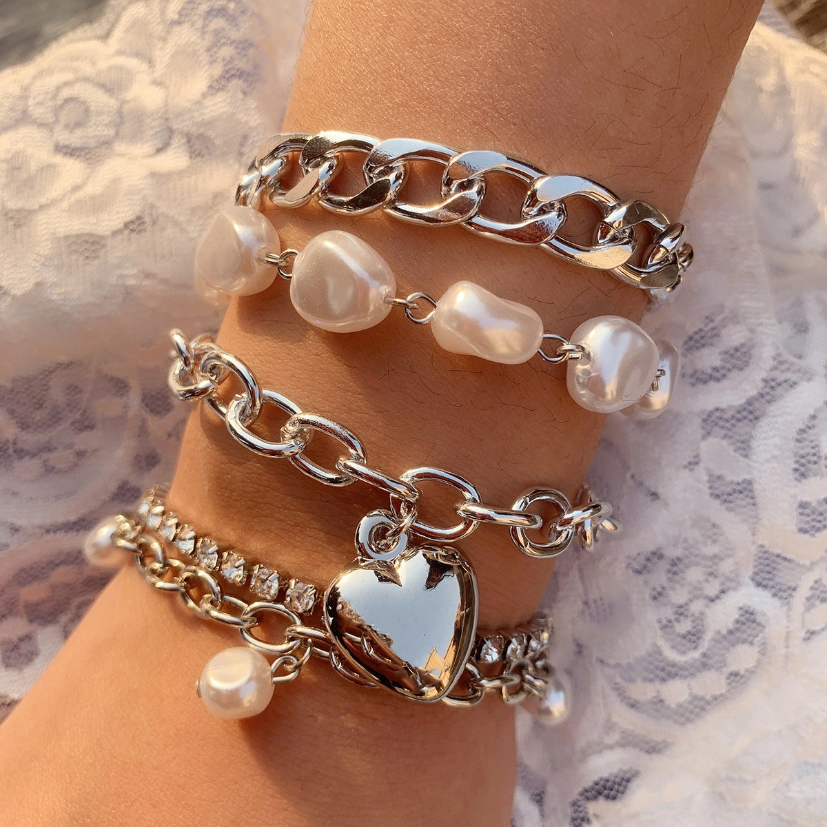 Wholesale Baroque Shaped Pearl Heart Chain Bracelet Set