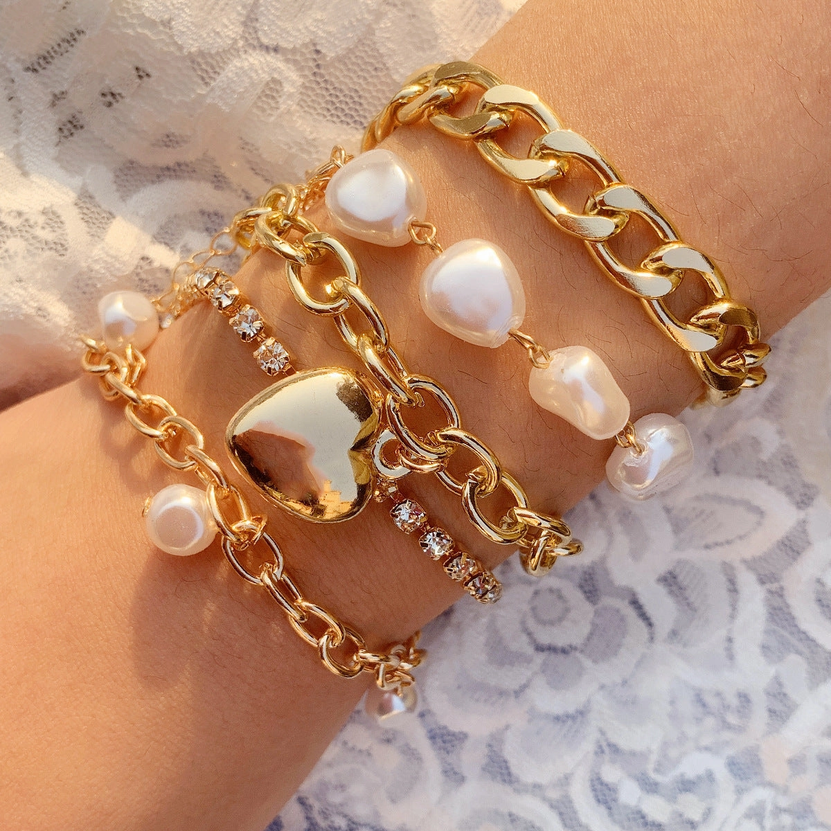 Wholesale Baroque Shaped Pearl Heart Chain Bracelet Set