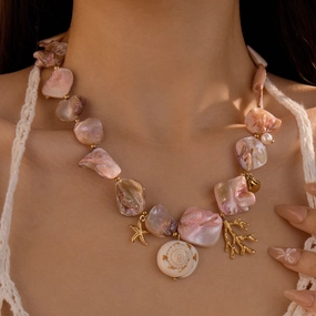 Wholesale Beach Style Stainless Steel Pink Shell Coral Ocean Clavicle Necklace