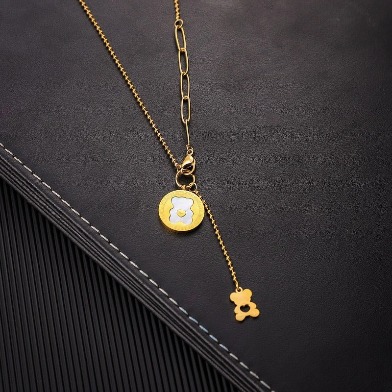 Wholesale Bear 18K Double Pendant Titanium Steel Gold Plated Necklaces