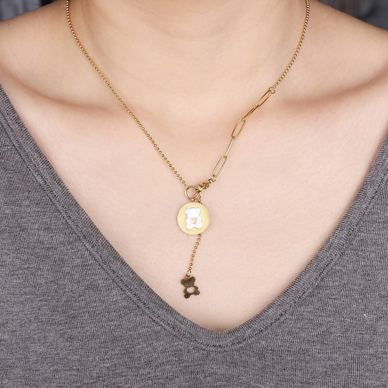 Wholesale Bear 18K Double Pendant Titanium Steel Gold Plated Necklaces