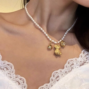 Wholesale Bear Heart Freshwater Pearl Zircon Multi Pendant Necklaces