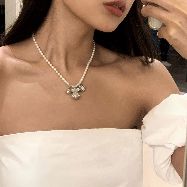 Wholesale Bear Heart Freshwater Pearl Zircon Multi Pendant Necklaces