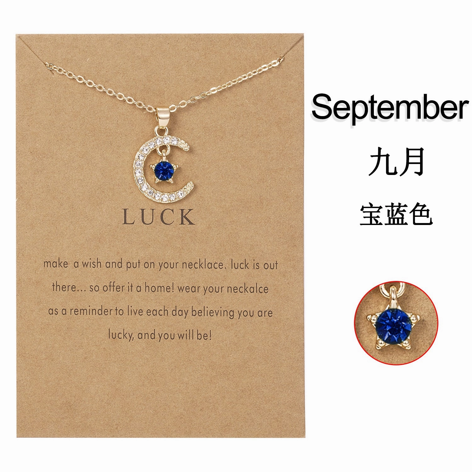 Wholesale Birthstone Month December Star Pendant Paper Card Alloy Necklaces