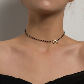 Wholesale Black Crystal Glass Bead Chain OT Buckle Short Flower Alloy Necklaces