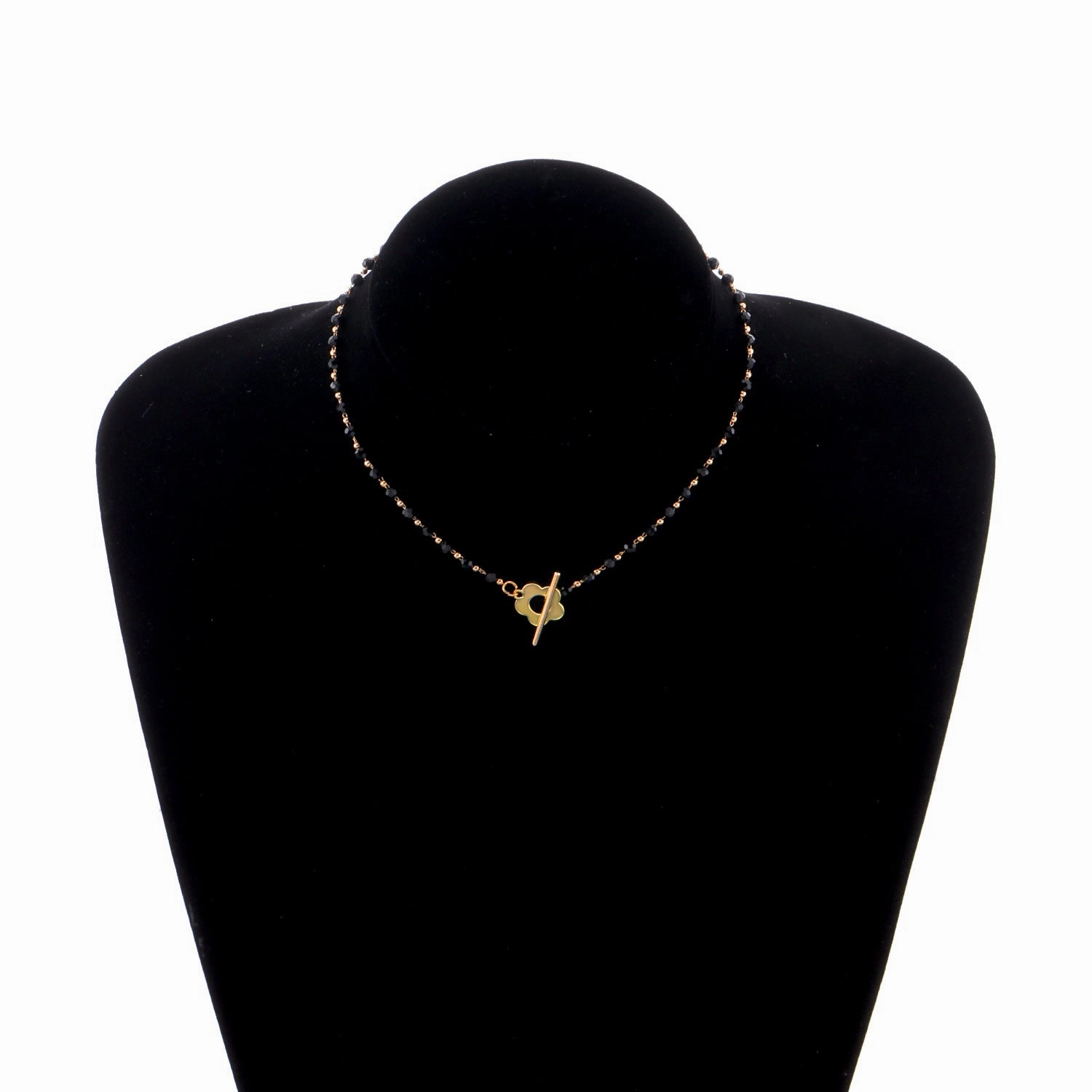 Wholesale Black Crystal Glass Bead Chain OT Buckle Short Flower Alloy Necklaces