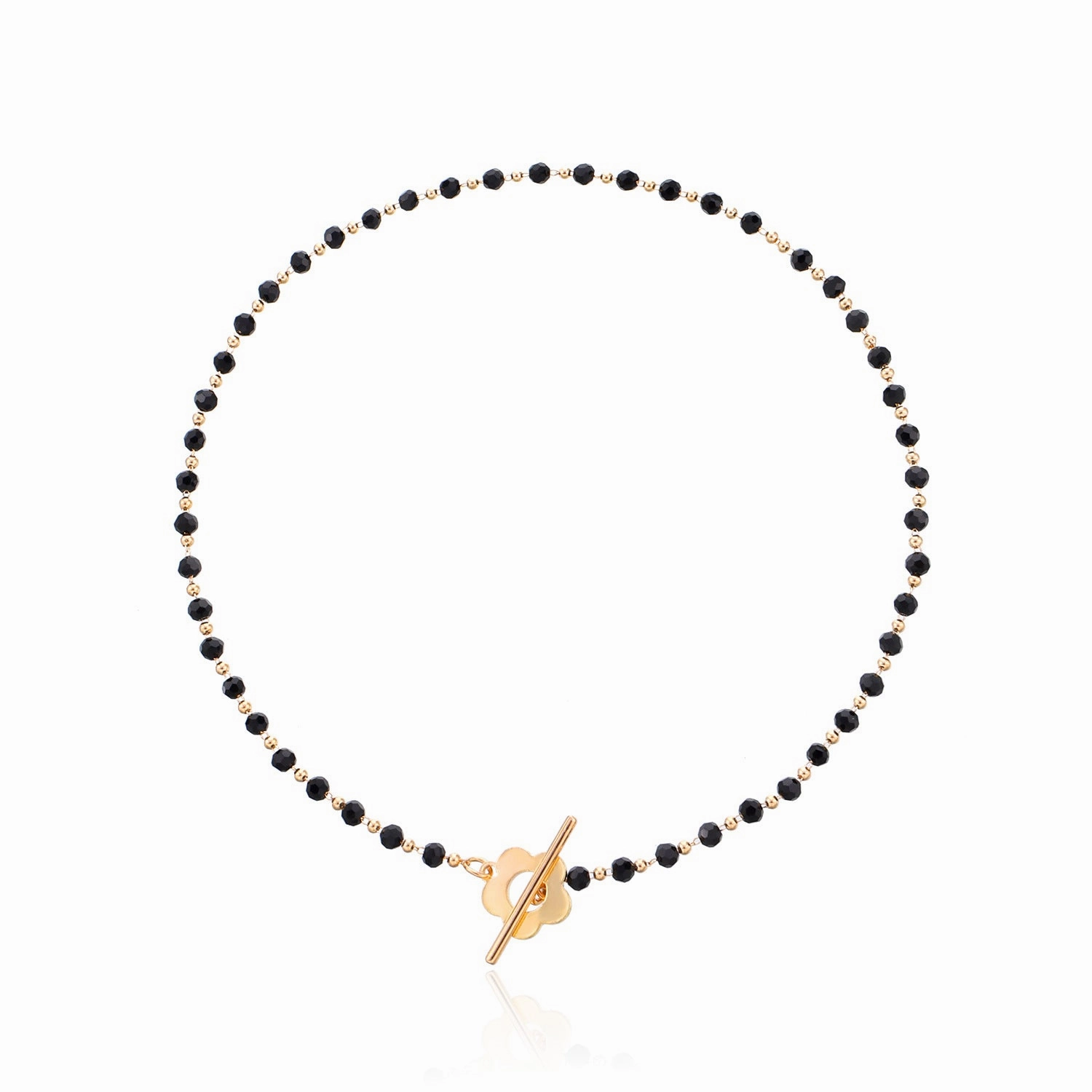 Wholesale Black Crystal Glass Bead Chain OT Buckle Short Flower Alloy Necklaces