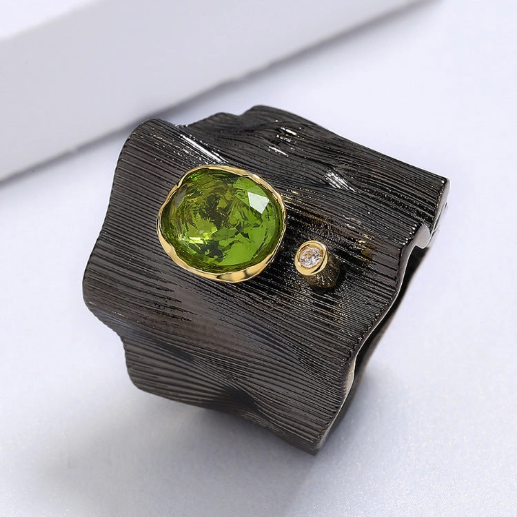 Wholesale Black Gold Two-color Textured Irregular Geometric Emerald Copper Ring Necklaces Earrings Three-Piece Set