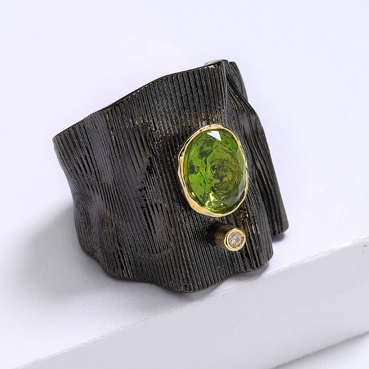 Wholesale Black Gold Two-color Textured Irregular Geometric Emerald Copper Ring Necklaces Earrings Three-Piece Set