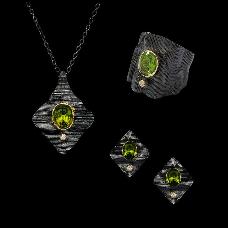 Wholesale Black Gold Two-color Textured Irregular Geometric Emerald Copper Ring Necklaces Earrings Three-Piece Set