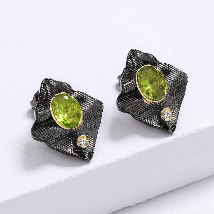 Wholesale Black Gold Two-color Textured Irregular Geometric Emerald Copper Ring Necklaces Earrings Three-Piece Set