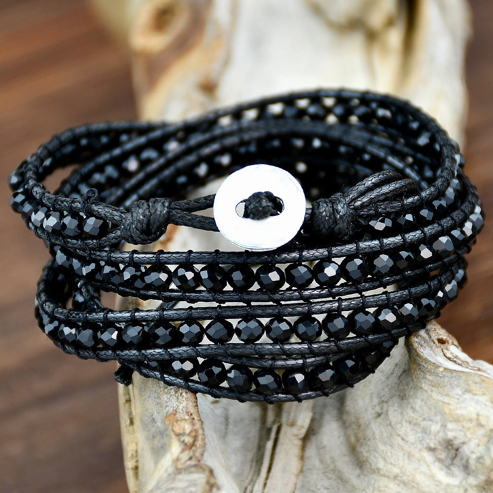 Wholesale Black Hand Woven Crystal Multi Layer Wrap Adjustable Bracelet