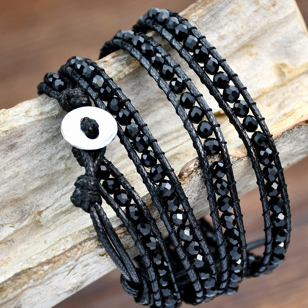 Wholesale Black Hand Woven Crystal Multi Layer Wrap Adjustable Bracelet