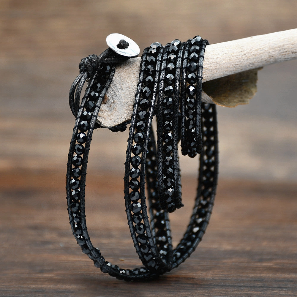 Wholesale Black Hand Woven Crystal Multi Layer Wrap Adjustable Bracelet