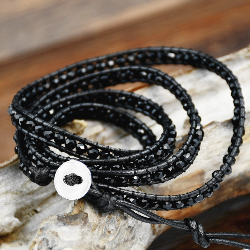 Wholesale Black Hand Woven Crystal Multi Layer Wrap Adjustable Bracelet
