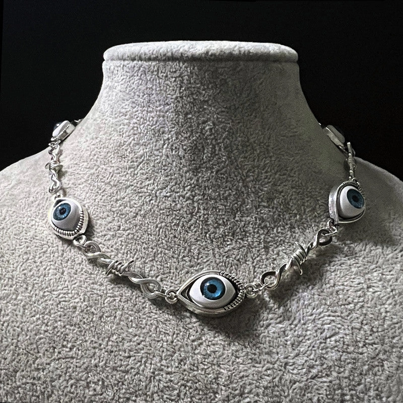 Wholesale Blue Human Eyeball Alien Eye Small Wire Thorn Alloy Necklaces