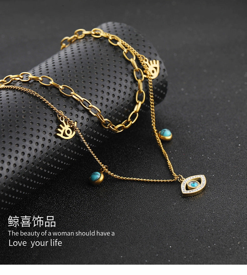 Wholesale Blue Oval Devil Eye Pendant Double Layer Titanium Steel Necklaces