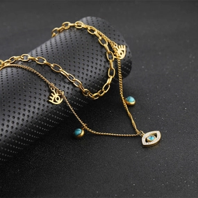 Wholesale Blue Oval Devil Eye Pendant Double Layer Titanium Steel Necklaces