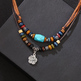 Wholesale Blue Pine Paraffin Rope Vintage Small Flower Alloy Necklaces
