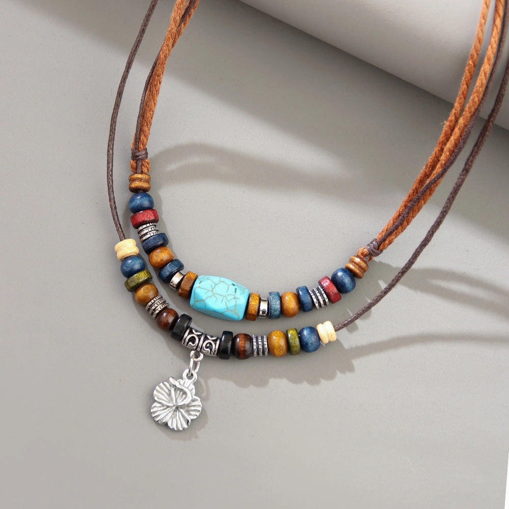 Wholesale Blue Pine Paraffin Rope Vintage Small Flower Alloy Necklaces
