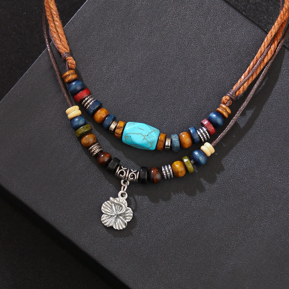 Wholesale Blue Pine Paraffin Rope Vintage Small Flower Alloy Necklaces