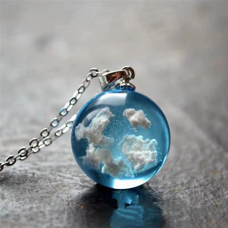 Wholesale Blue Sky and White Clouds Transparent Spherical Resin Pendant Creative Necklace