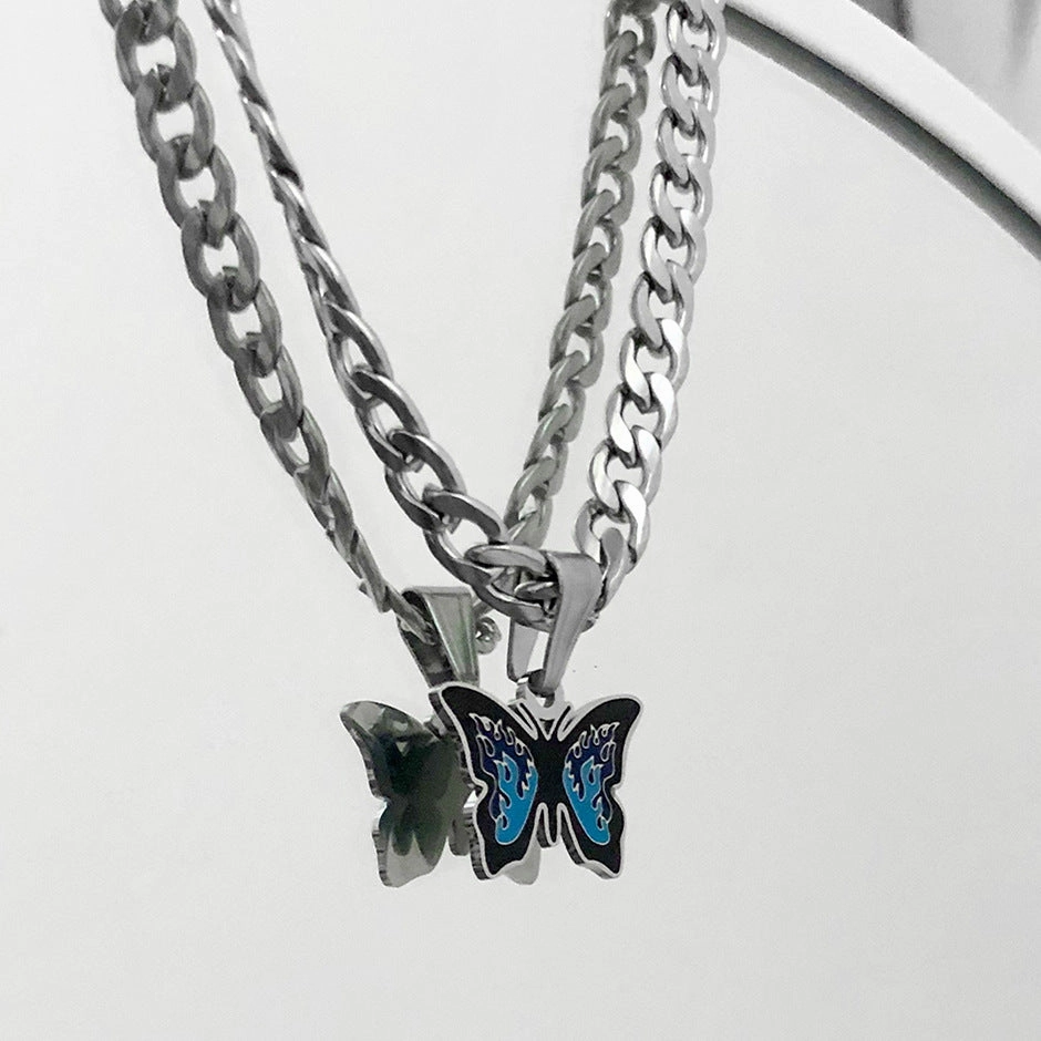 Wholesale Blue Titanium Steel Butterfly Necklaces