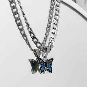 Wholesale Blue Titanium Steel Butterfly Necklaces