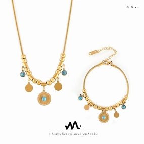 Wholesale Blue turquoise medal necklace titanium steel gold-plated bracelet