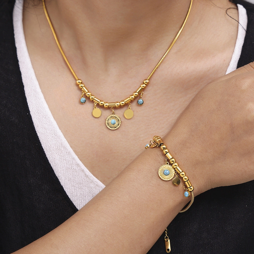 Wholesale Blue turquoise medal necklace titanium steel gold-plated bracelet