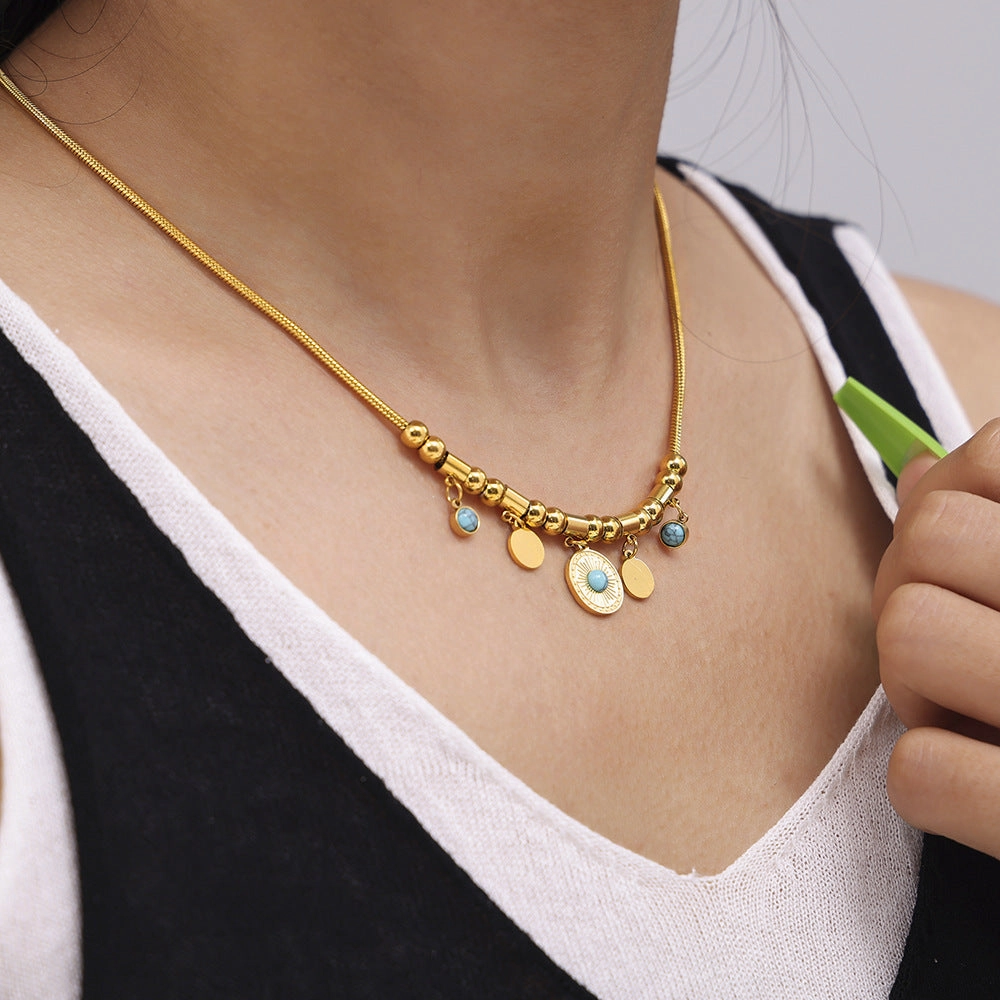 Wholesale Blue turquoise medal necklace titanium steel gold-plated bracelet