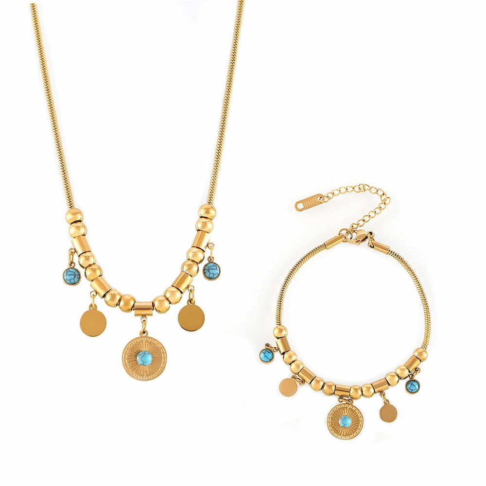Wholesale Blue turquoise medal necklace titanium steel gold-plated bracelet