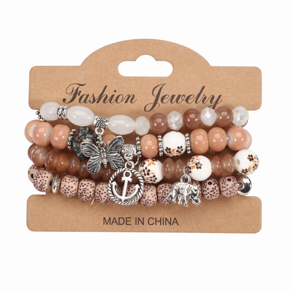 Wholesale Bohemian Butterfly Anchor Elephant Pendant Multi-layer Bracelet