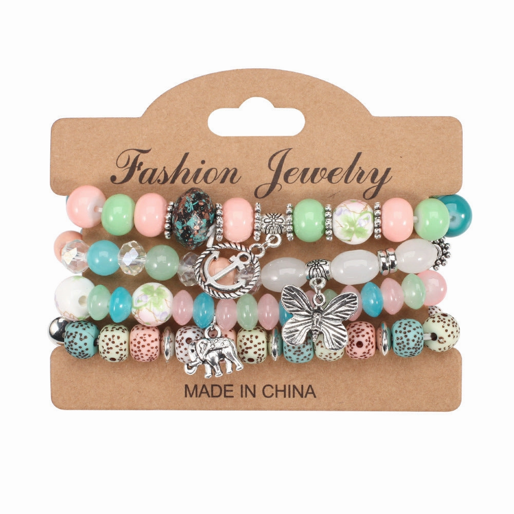 Wholesale Bohemian Butterfly Anchor Elephant Pendant Multi-layer Bracelet