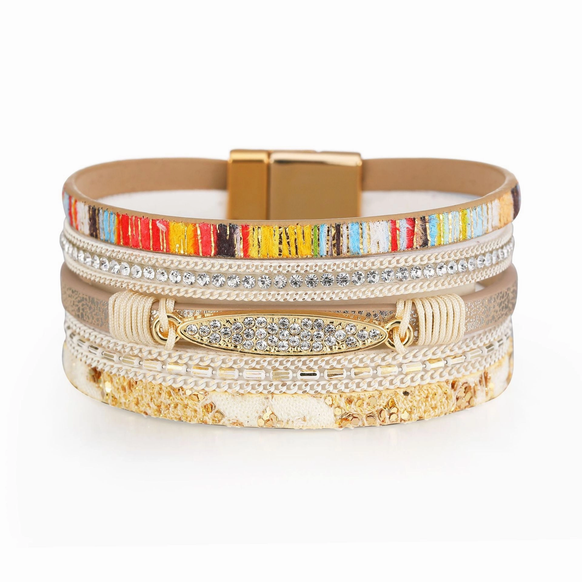 Wholesale Bohemian Ethnic Style Diamond Colored Magnetic Buckle Leather Bracelet