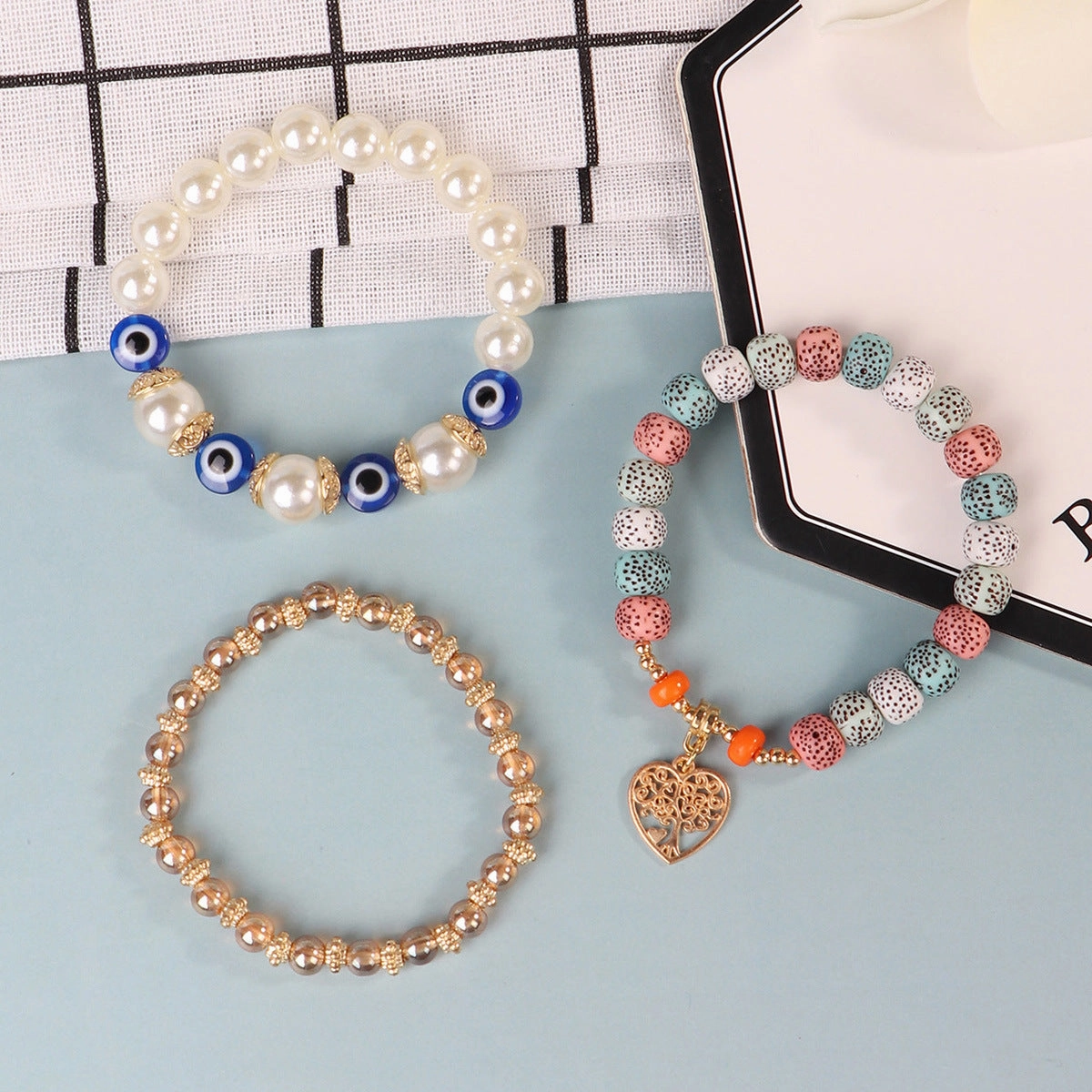 Wholesale Bohemian Eye Tree of Life Pendant Multi Layered Pendant Glass Elastic Bracelet