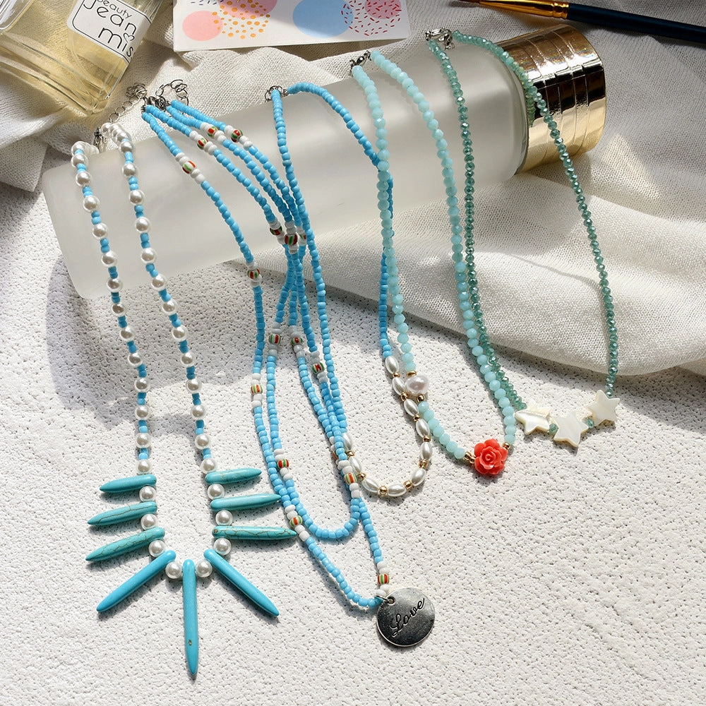 Wholesale Bohemian Flower Stacked Pearl Clavicle Necklace