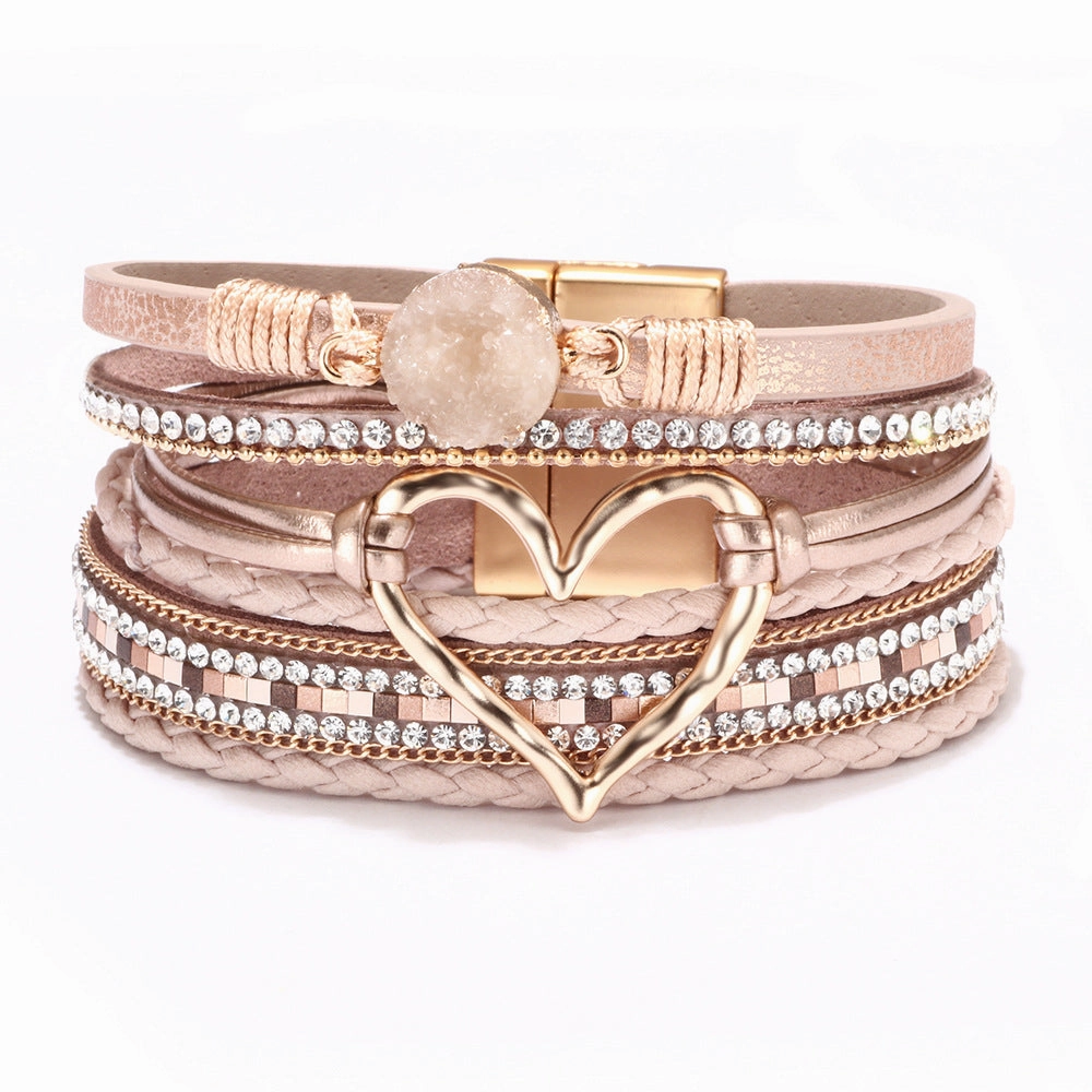 Wholesale Bohemian Heart Rhinestone Magnetic Leather Bracelet