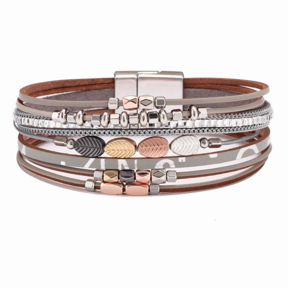 Wholesale Bohemian Leather Braided Tree Leaf Magnetic Clasp Bracelet
