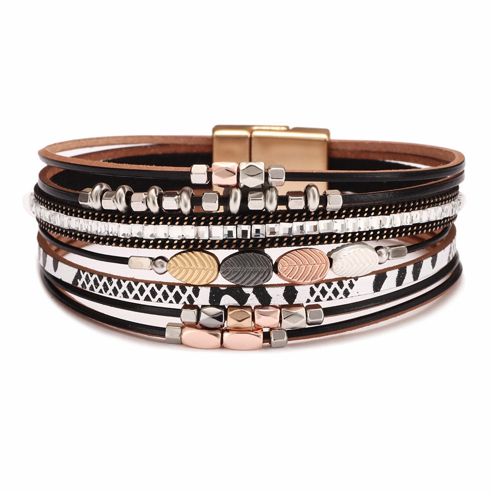 Wholesale Bohemian Leather Braided Tree Leaf Magnetic Clasp Bracelet
