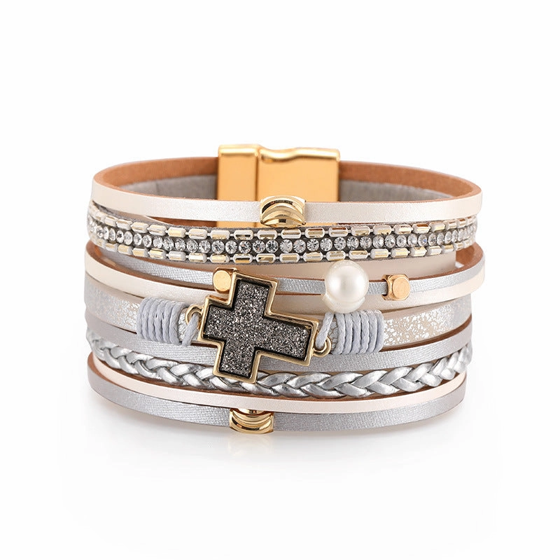 Wholesale Bohemian Multi-layered Braided Leather Cross Bracelet