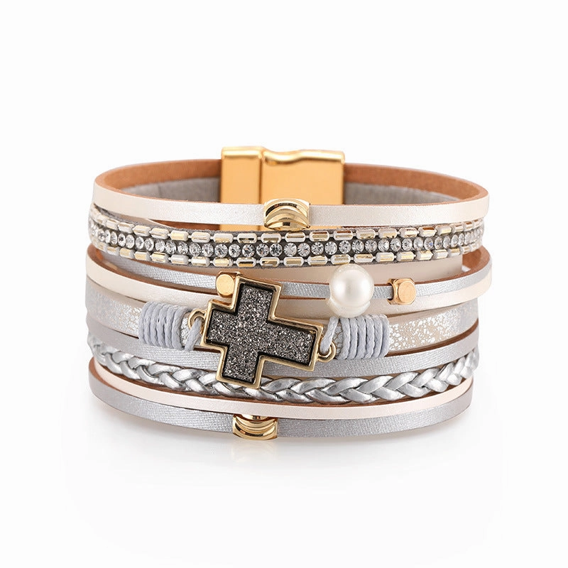 Wholesale Bohemian Multi-layered Braided Leather Cross Bracelet