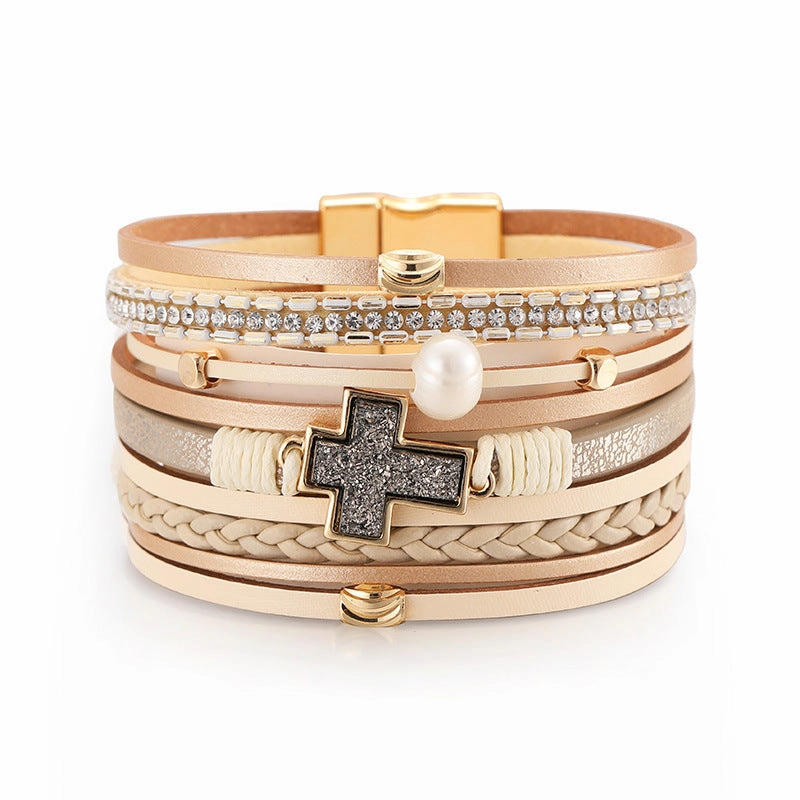 Wholesale Bohemian Multi-layered Braided Leather Cross Bracelet
