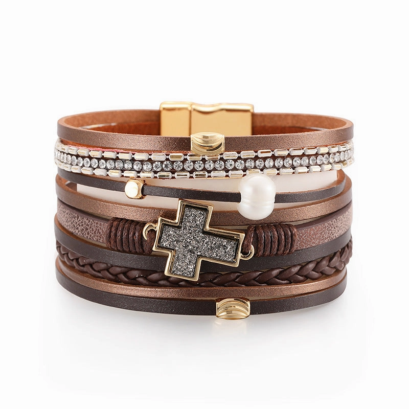 Wholesale Bohemian Multi-layered Braided Leather Cross Bracelet
