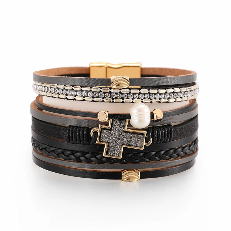 Wholesale Bohemian Multi-layered Braided Leather Cross Bracelet
