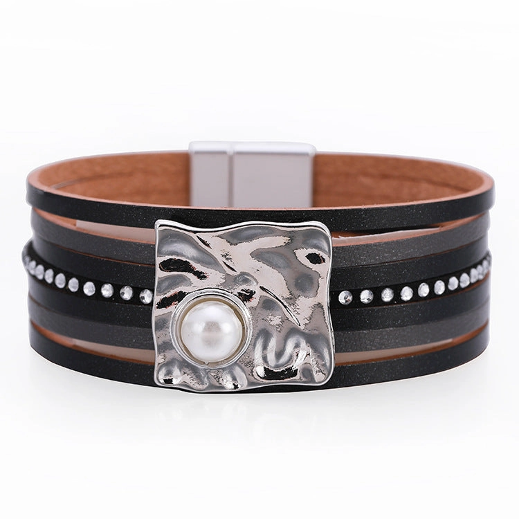 Wholesale Bohemian Multi-layered Leather Buckle with Pearl Bracelet